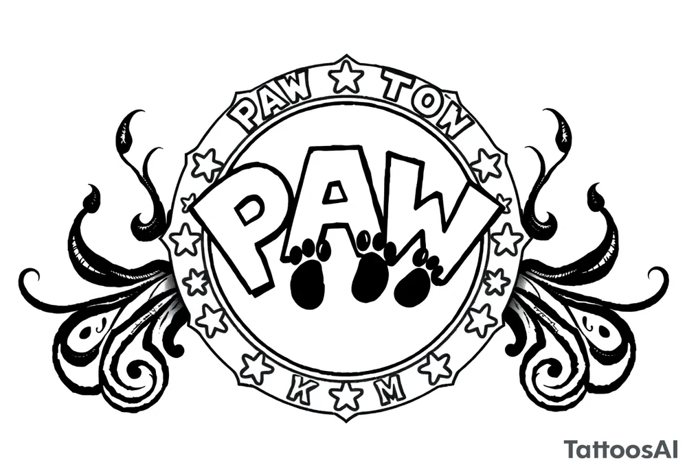 Paw Patrol Badge with footprints chasing letters KMC around the outside staggered tattoo idea