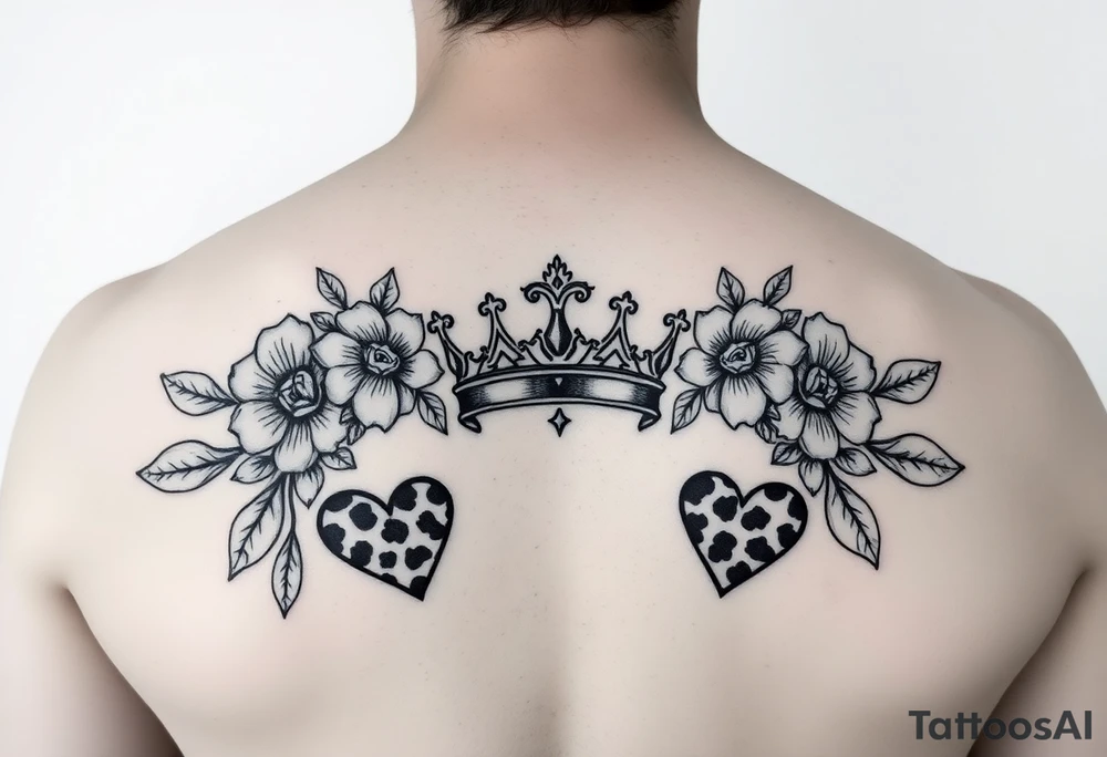 Damian, crown, flowers, cheetah print , hearts tattoo idea