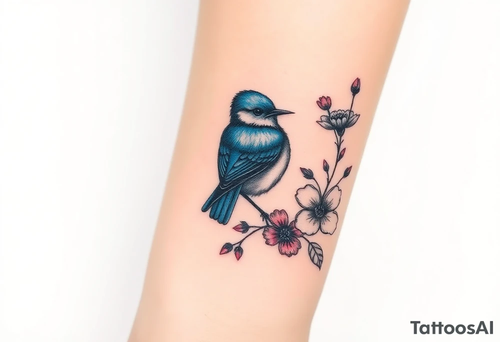 Puffy bluebird surrounded by wild flowers tattoo idea