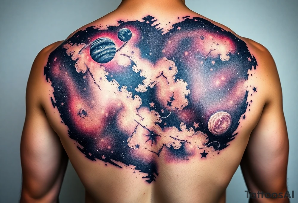 Beautiful and epic 3d milky way that appears to be what is beneath the skin. Make it drape over the shoulder and move to the middle back. use negative spaces to create planets and stars.Keep it symmetrical tattoo idea