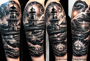 full sleeve tattoo with compass, lighthouse, bermuda triangle, crown and anchor dice, lightning in background tattoo idea