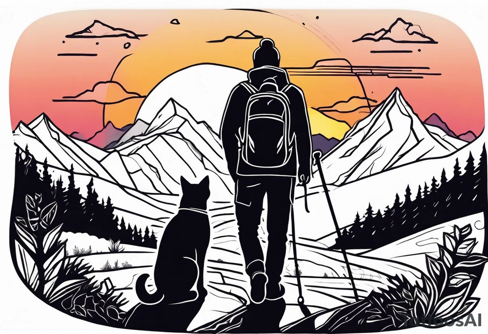 nature, sunset, mountains, a father and son hiking with their dog and cat and a cross tattoo idea