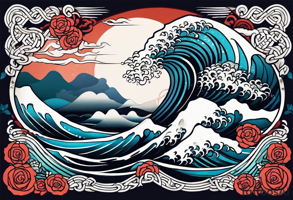 japanese wave. celtic pattern in the negative space. clouds tattoo idea