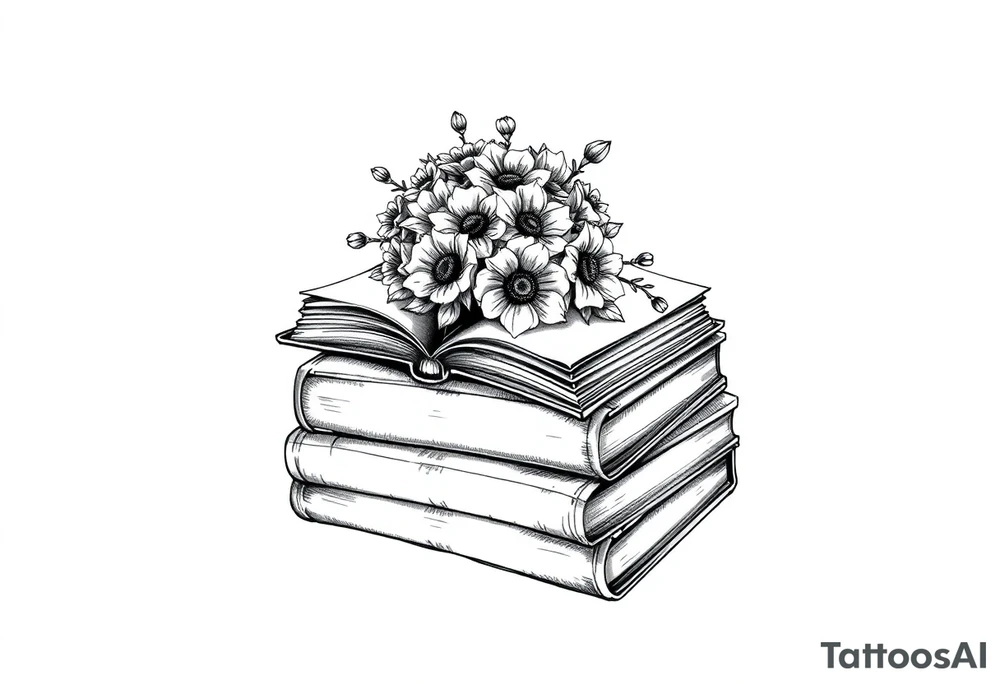 stack of 3 vintage books top book open with bouquet of flowers coming out of it tattoo idea