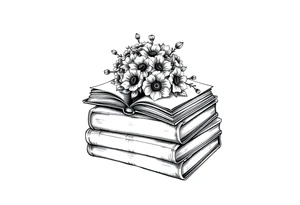 stack of 3 vintage books top book open with bouquet of flowers coming out of it tattoo idea