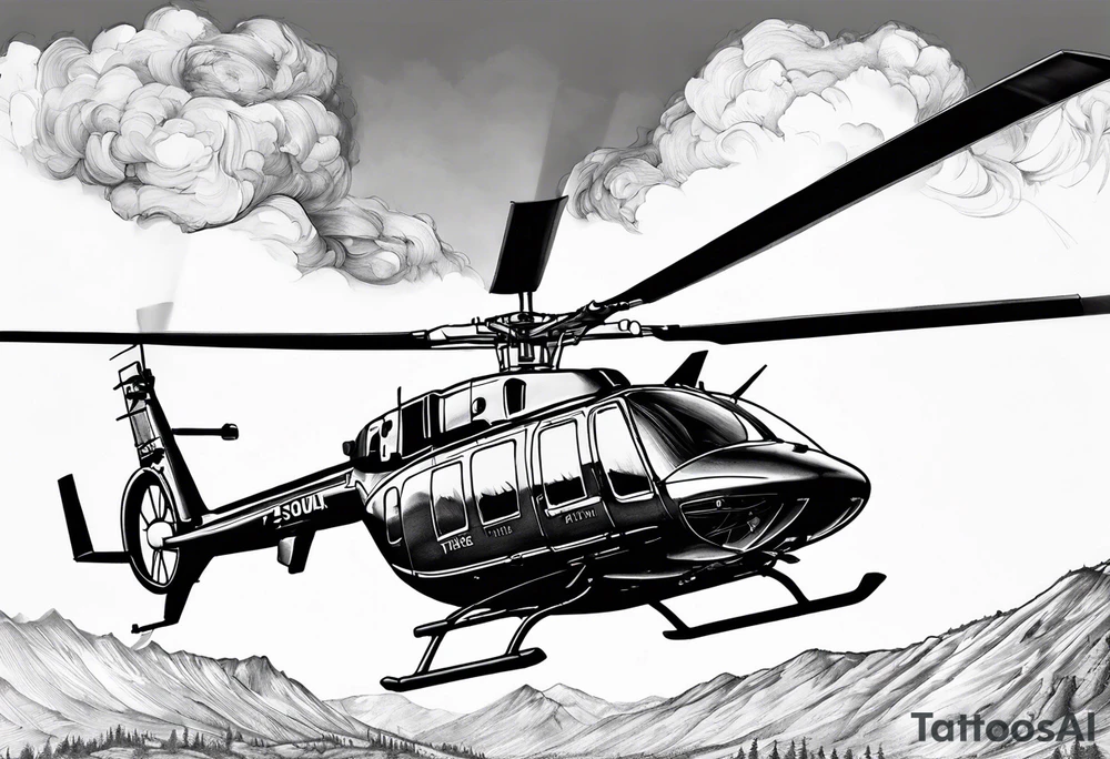 a bell 407 helicopter with the name "T. Sousa" on it, fighting a fire, with the pilot wearing night vision goggles. tattoo idea