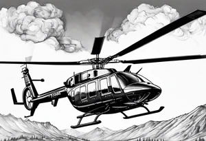 a bell 407 helicopter with the name "T. Sousa" on it, fighting a fire, with the pilot wearing night vision goggles. tattoo idea