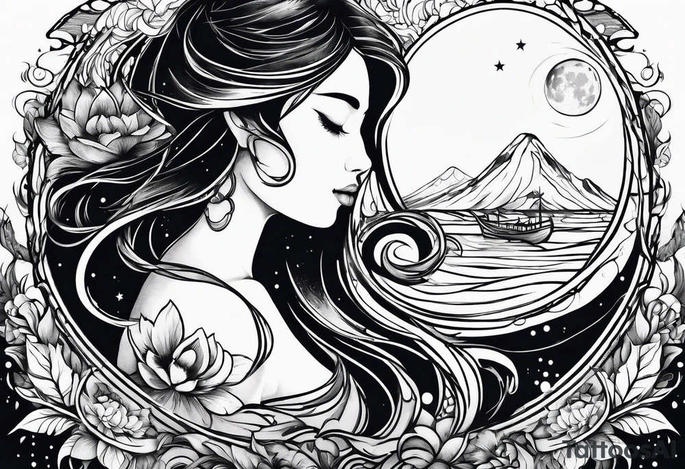 Diligent of two people on water with moon tattoo idea