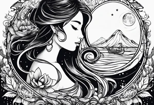Diligent of two people on water with moon tattoo idea