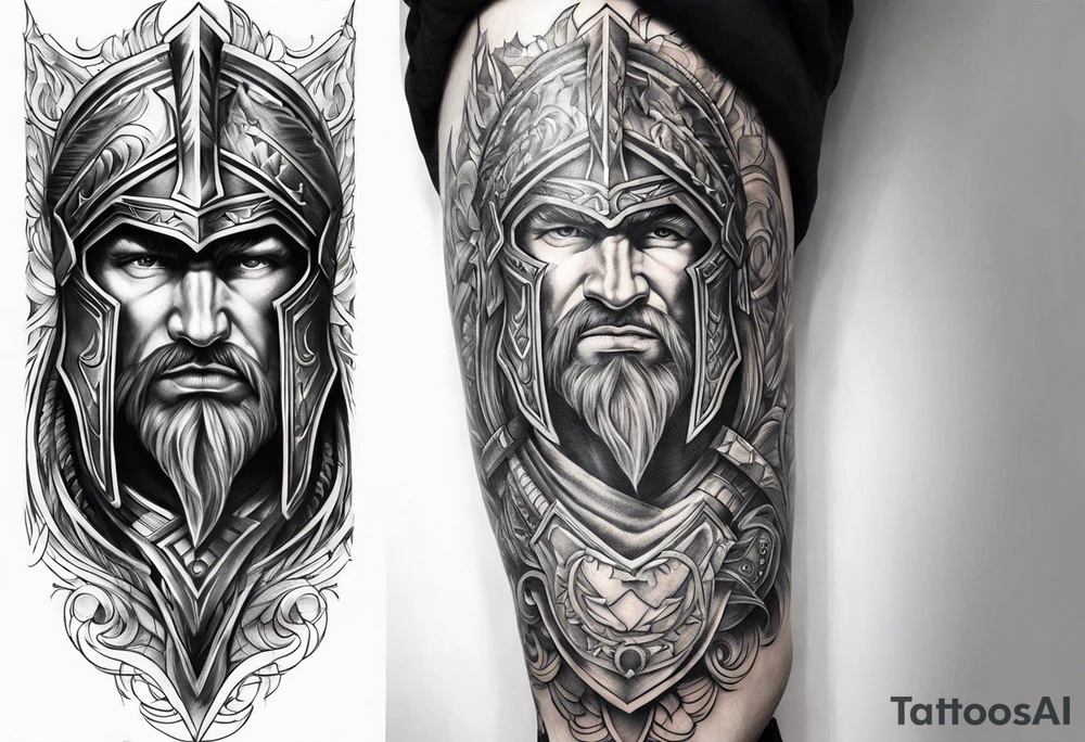 Leg sleeve of Spartan Greaves tattoo idea