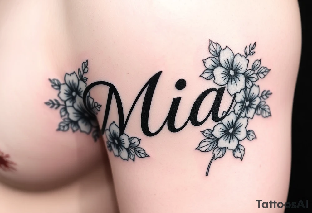 The name Mia, surrounded by flowers and shamrocks tattoo idea