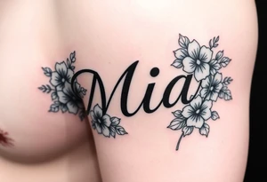 The name Mia, surrounded by flowers and shamrocks tattoo idea