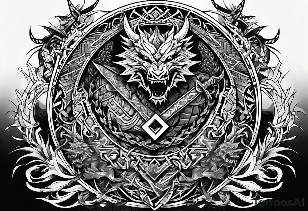 Valhalla sword shield dragon axe Valknut barbed wire chains tribal tattoo idea Valhalla sword shield dragon axe Valknut barbed wire chains tribal tattoo idea