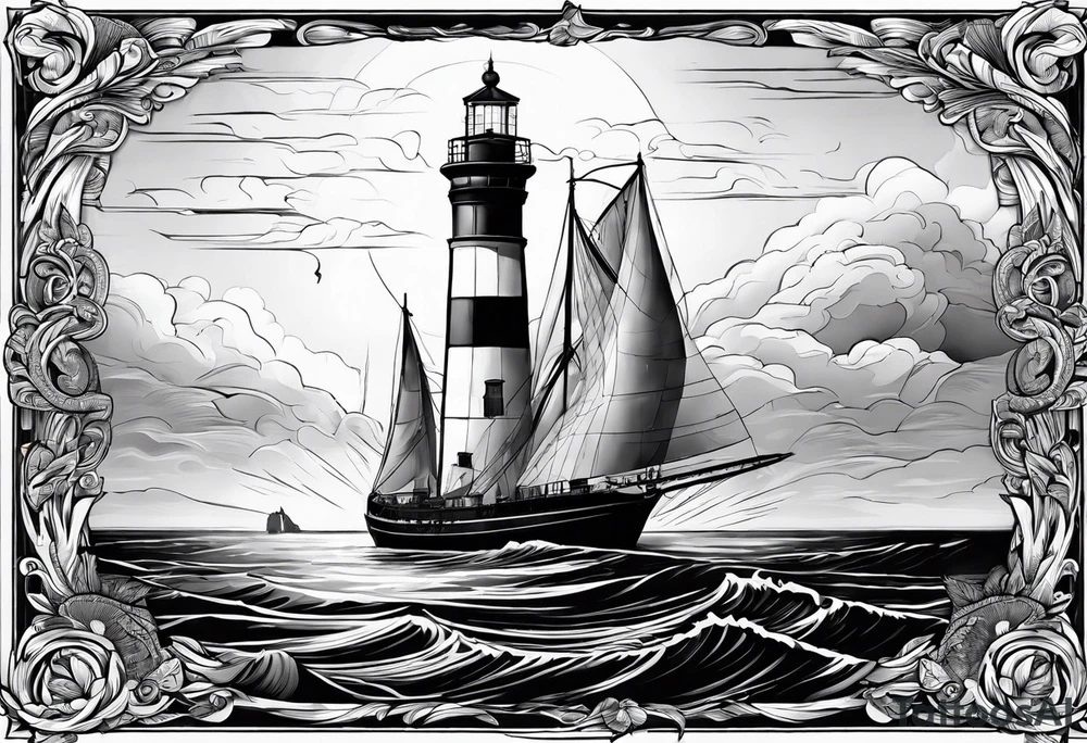 phare maritime dans un bateau a voiles. tattoo idea