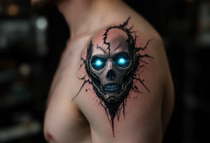 A shattered robotic mask revealing human skin underneath, glowing in dark gunmetal, blue, and black shadows include shadowing tattoo idea