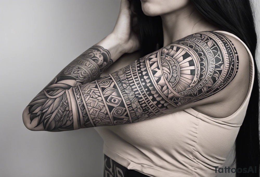 A full tattoo sleeve inspired by Greek mythology, centered around the Greek goddess Athena. Athena is portrayed with a strong, commanding presence, symbolizing wisdom, strength, and warfare. The design emphasizes bold, clean lines with a focus on sharp contrasts, creating a powerful and dynamic visual impact. Surrounding Athena, incorporate a mandala effect with geometric patterns that evoke a sense of order and strategy, reflecting her role as a warrior goddess. The sleeve also features masculine elements such as a fierce owl with piercing eyes, an ornate warrior’s helmet, and olive branches intertwined with Spartan-style armor, all seamlessly integrated into the design. The overall aesthetic is strong, rugged, and heroic, capturing the essence of Athena’s wisdom and martial prowess in a way that resonates with a masculine energy. tattoo idea