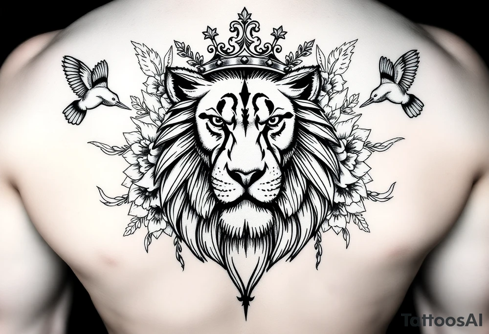 powerful majestic lion with a crown, surrounded by floral ornaments and birds tattoo idea