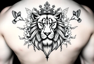 powerful majestic lion with a crown, surrounded by floral ornaments and birds tattoo idea
