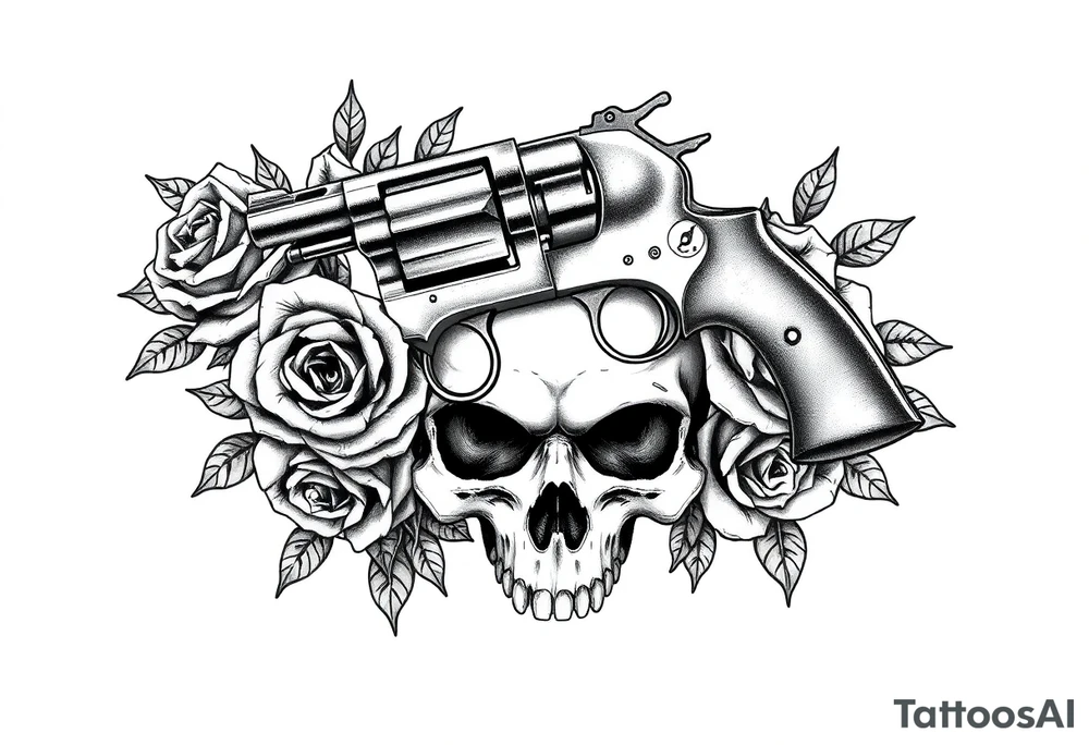 A vintage revolver intertwined with thorny roses, beneath a skull's shadow. tattoo idea