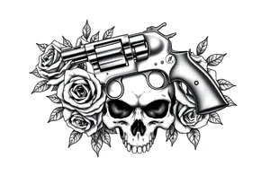 A vintage revolver intertwined with thorny roses, beneath a skull's shadow. tattoo idea