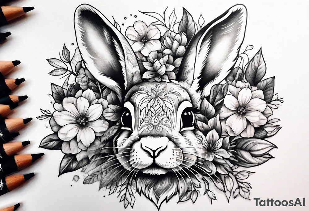 Realistic rabbit head in the middle of realistic flowers and leaves tattoo idea