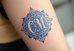 Victorian Lace Monogram – Ivory and dusty blue “C / M” styled in ornate vintage typography with lace-like borders. tattoo idea