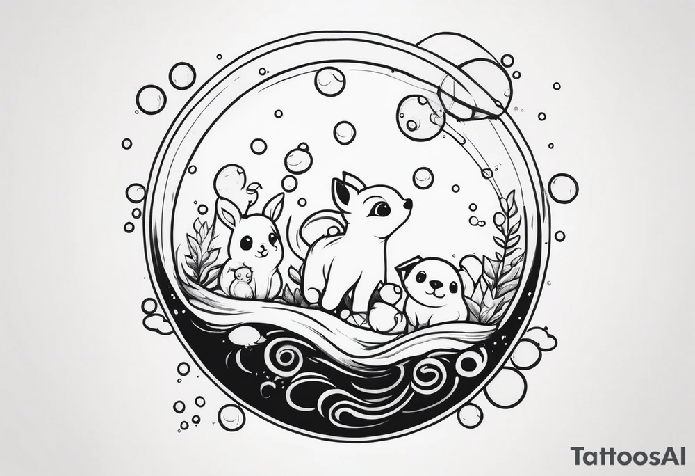 cute animals going up in bubbles tattoo idea