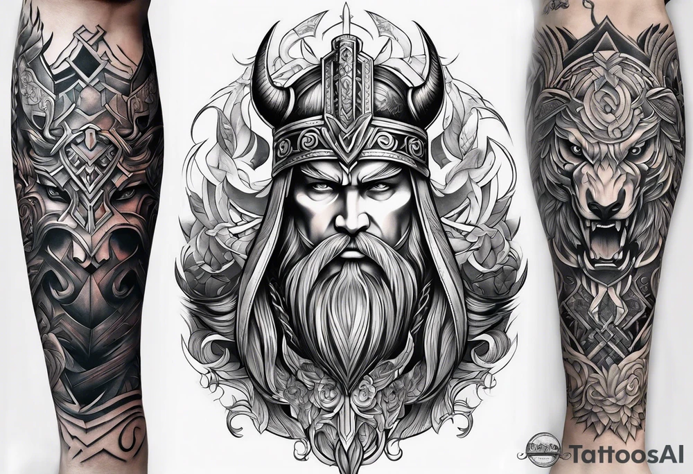 A full leg sleeve based on Norse mythology tattoo idea
