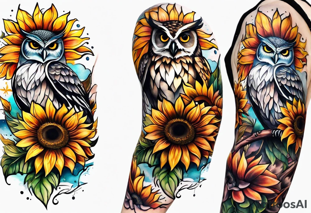 Arm sleeve with colorful sunflowers and an owl tattoo idea