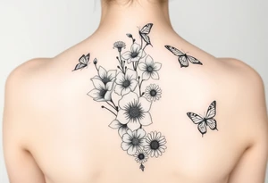 Simple Delphinium, violet, narcissus, rose, daisy bouquet vertically down the spine not connected with butterflies tattoo idea