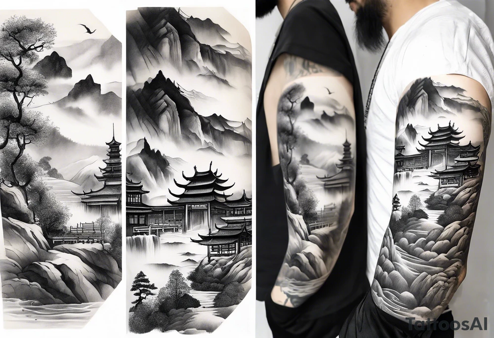 forearm sleeve traditional chinese art painting style autumn mountains mist fog water Chinese temple 2 male monks wearing robes  drinking tea tattoo idea