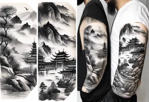 forearm sleeve traditional chinese art painting style autumn mountains mist fog water Chinese temple 2 male monks wearing robes  drinking tea tattoo idea