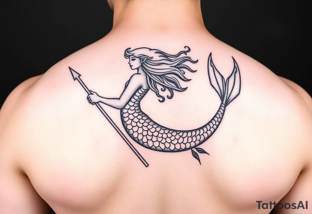 realistic mermaid with trident tattoo idea