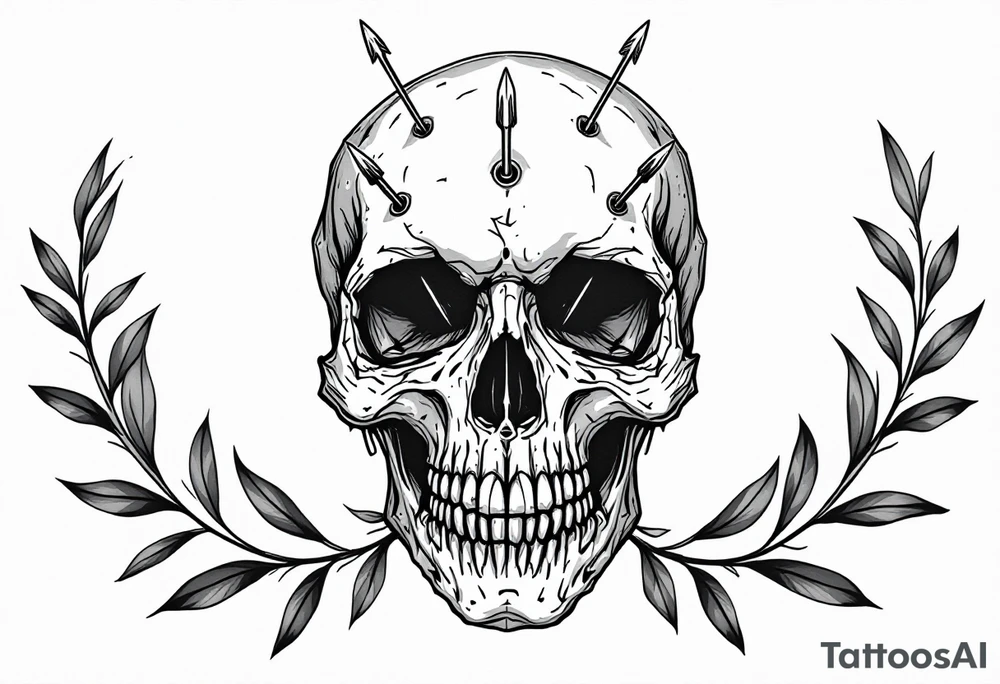 a skull whose head would be pierced by needles under the head go a long an  arrow and surrounded by a olive tree leaf around tattoo idea