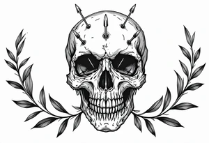 a skull whose head would be pierced by needles under the head go a long an  arrow and surrounded by a olive tree leaf around tattoo idea