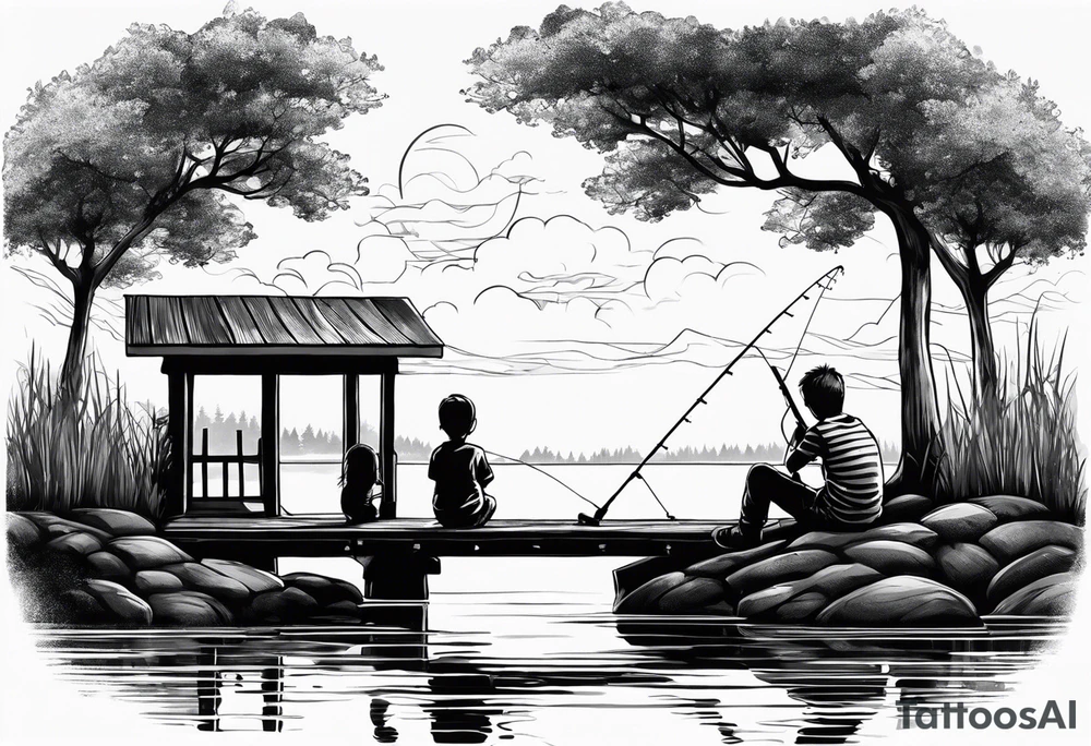 forearm tattoo set on a dock on a lake. There is a little boy sitting next to a little girl. The little boy is fishing and the little girl is reading. There are trees surrounding the lake. tattoo idea