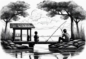 forearm tattoo set on a dock on a lake. There is a little boy sitting next to a little girl. The little boy is fishing and the little girl is reading. There are trees surrounding the lake. tattoo idea