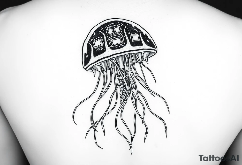 Cybernetic Jellyfish Floating in a Data Stream
A jellyfish with transparent, bio-luminescent skin showing circuits inside.
Its tendrils made of glowing fiber-optic cables.
Floating through a sea of corrupted code. tattoo idea