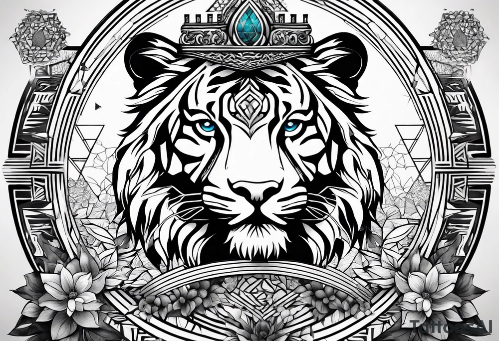 Tree of life and sacred geometry with a tiger and a crown tattoo idea