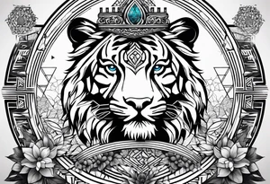 Tree of life and sacred geometry with a tiger and a crown tattoo idea