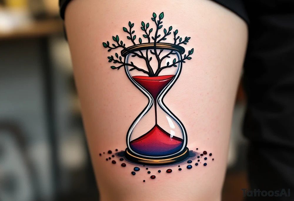 A tree single standing hourglass in three different colors of sand in white, red, and deep blue tattoo idea