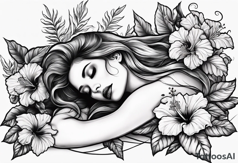 a  female skeleton laying in a bed of hibiscus flower. tattoo idea
