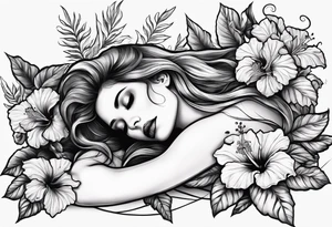 a  female skeleton laying in a bed of hibiscus flower. tattoo idea