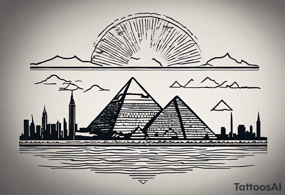 Craft a concise yet powerful tattoo that blends the Pyramids of Giza with the Manhattan skyline as the backdrop, seamlessly integrating the Nile River with the Hudson River. Keep it simple, focusing on key elements like pyramid silhouettes and iconic skyscrapers, allowing the rivers to converge naturally. Opt for a balanced composition with minimal detailing, capturing the essence of your Egyptian heritage alongside your life in New York tattoo idea