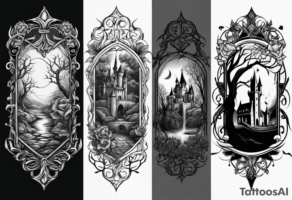 tattoo fool sleeve, old broken gothic castle, broken sword, tree roots break out of the chains, roses tattoo idea