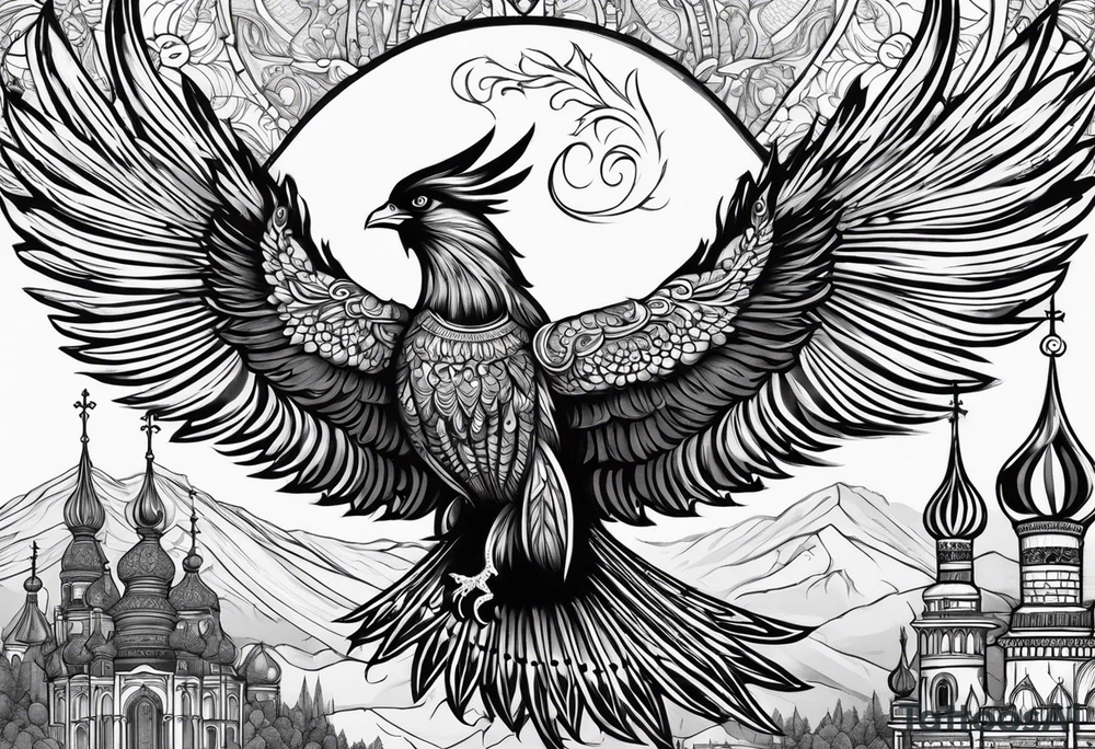russian firebird in-flight with fancy tail and small onion cap monastery towers in background, with "Isaiah 43: 18-19" tattoo idea