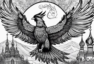 russian firebird in-flight with fancy tail and small onion cap monastery towers in background, with "Isaiah 43: 18-19" tattoo idea