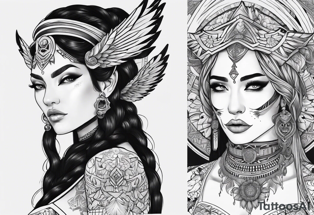 kali ma, alien goddess, valkrye, aries, pirate, divine feminine, zenza resonance, pachamama, lotus azul, blank panther, eagle, skull, 5D, nueva gaya, dna 12, left side chest tatoo tattoo idea