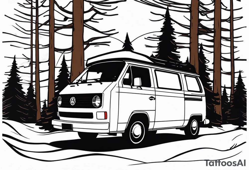 VW california t6 in Front of a pine tree tattoo idea