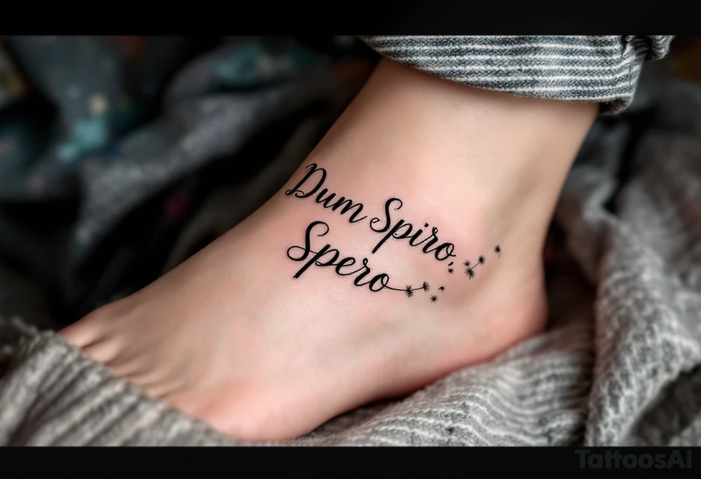 "Dum Spiro, Spero" (While I breathe, I hope), flowing in delicate handwritten script, paired with a gentle breath motif or dandelion dispersing seeds, in soft black and light gray tones for a light, hopeful feel. tattoo idea